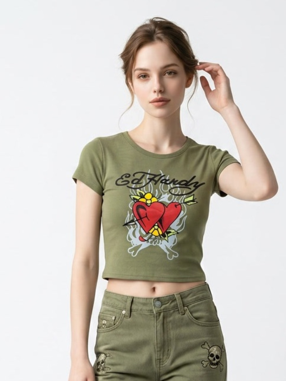 Ed Hardy Olive Green Crop Tee with Red Heart and Yellow Floral Graphic